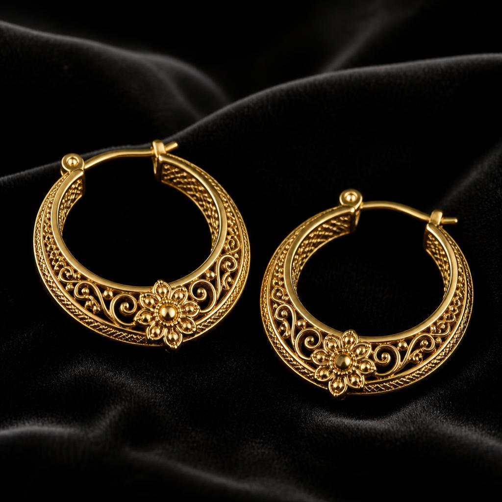 Aretes tipo argolla con detalles florales en oro