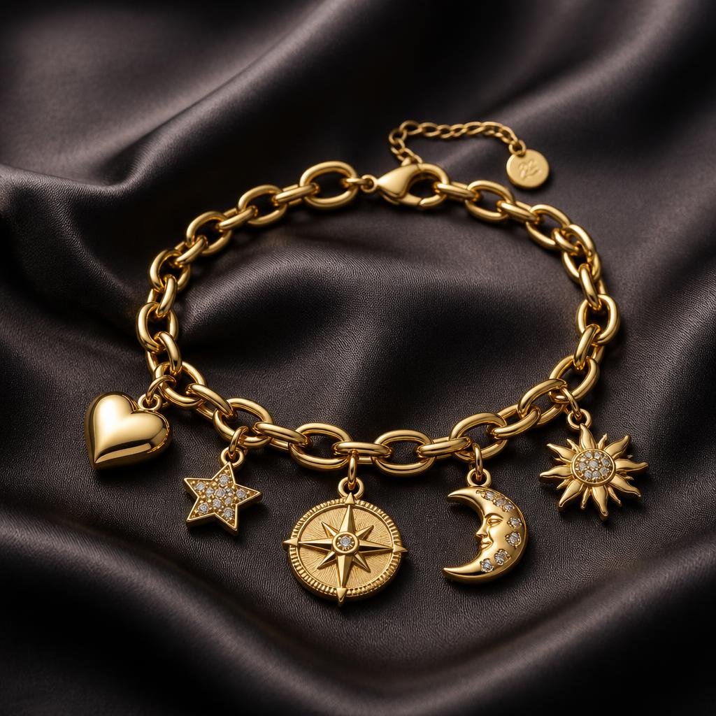 Pulsera con dijes de corazón, estrella y luna en oro