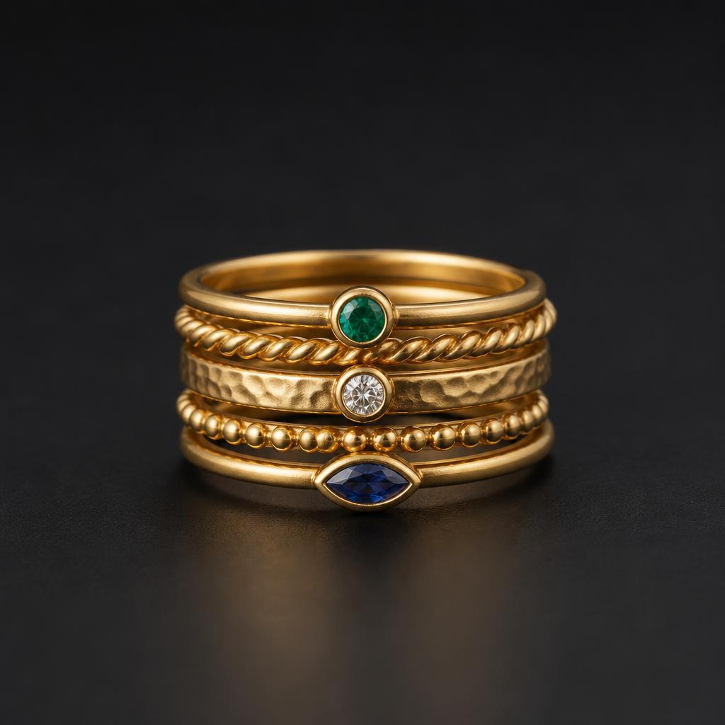 Anillos apilables con esmeralda, zafiro y diamante