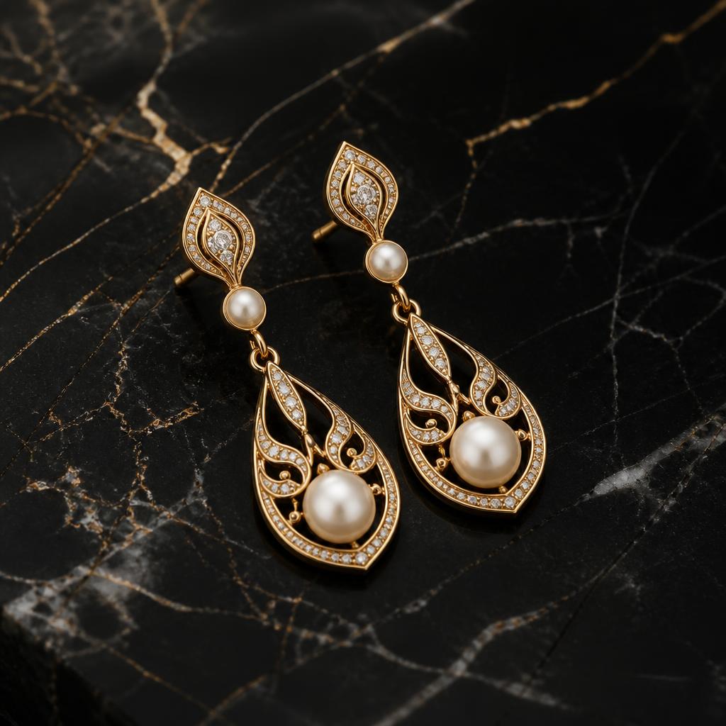 Aretes largos con perlas y diamantes